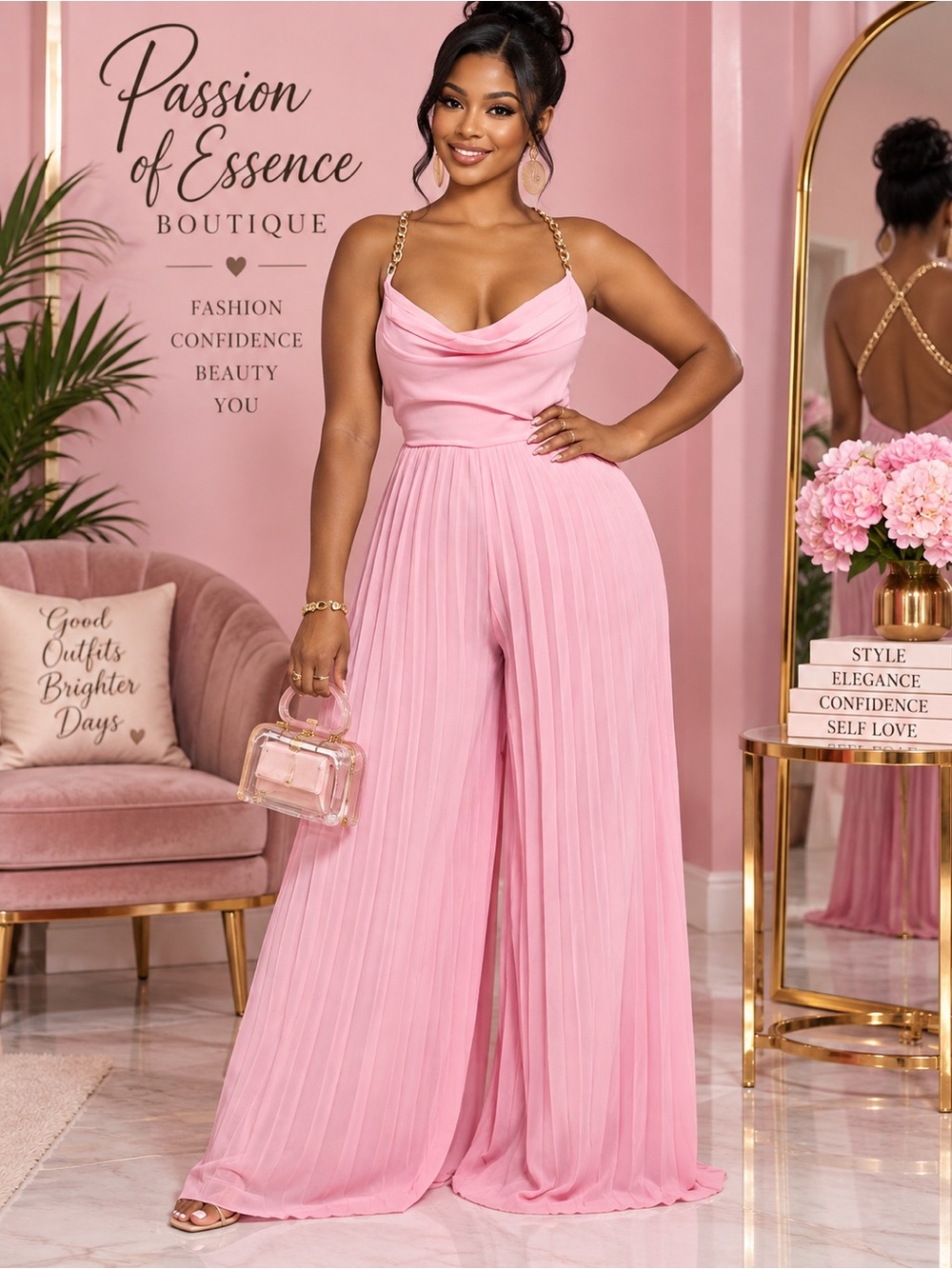 Pink Chain Detail Backless Pleated Wide Leg Jumpsuit